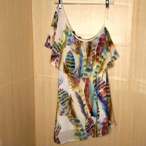 Ali & Kris Womens Cream Feather Print One Shoulder Silky Dress Medium